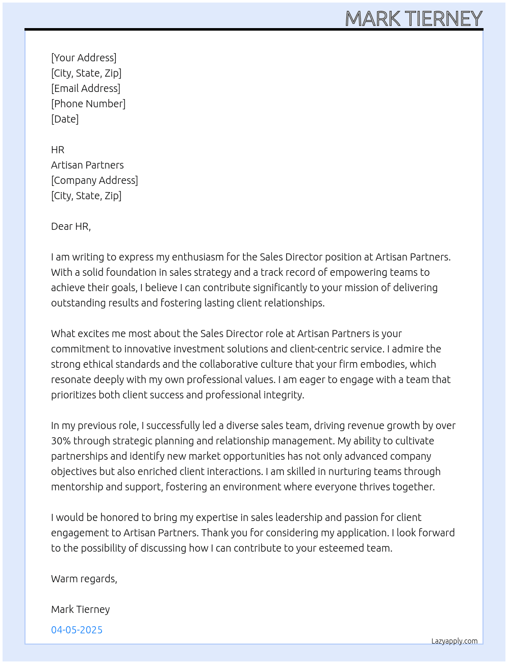 Cover letter for sales director - LazyApply
