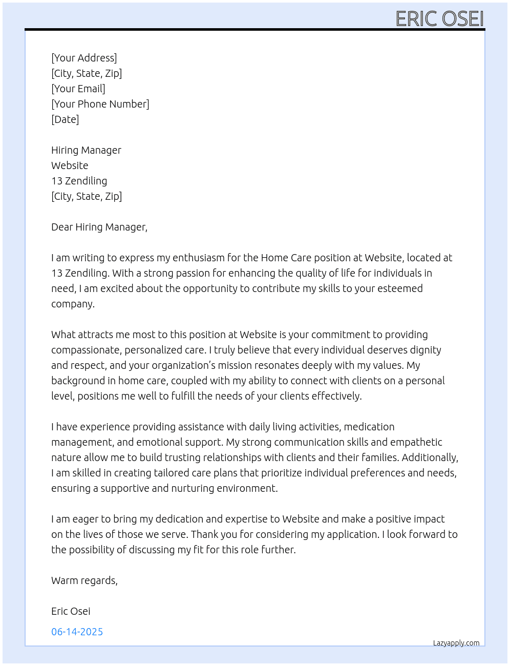 Home care At Website  Cover Letter