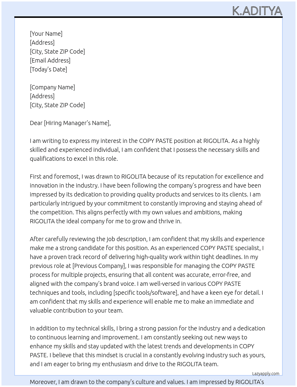 COPY PASTE At RIGOLITA Cover Letter