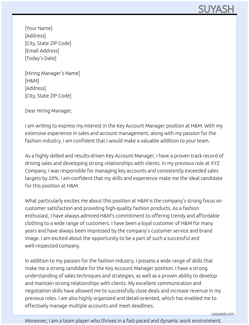 Key Account manager At H&M Cover Letter