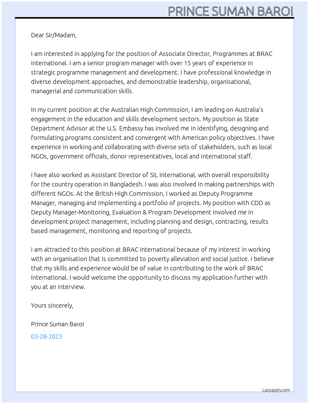 Associate Director, Programmes, BRAC International At BRAC International Cover Letter