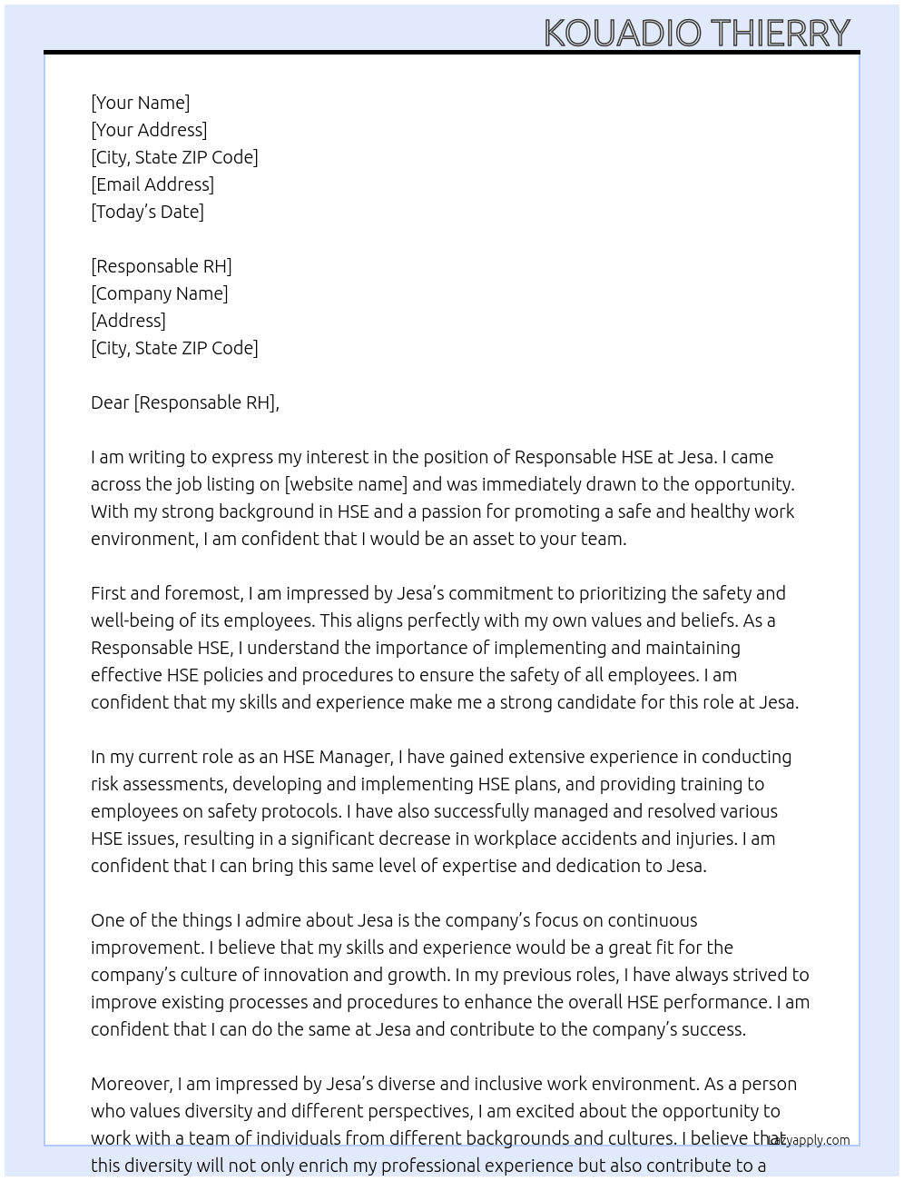 Responsable HSE  At Jesa Cover Letter