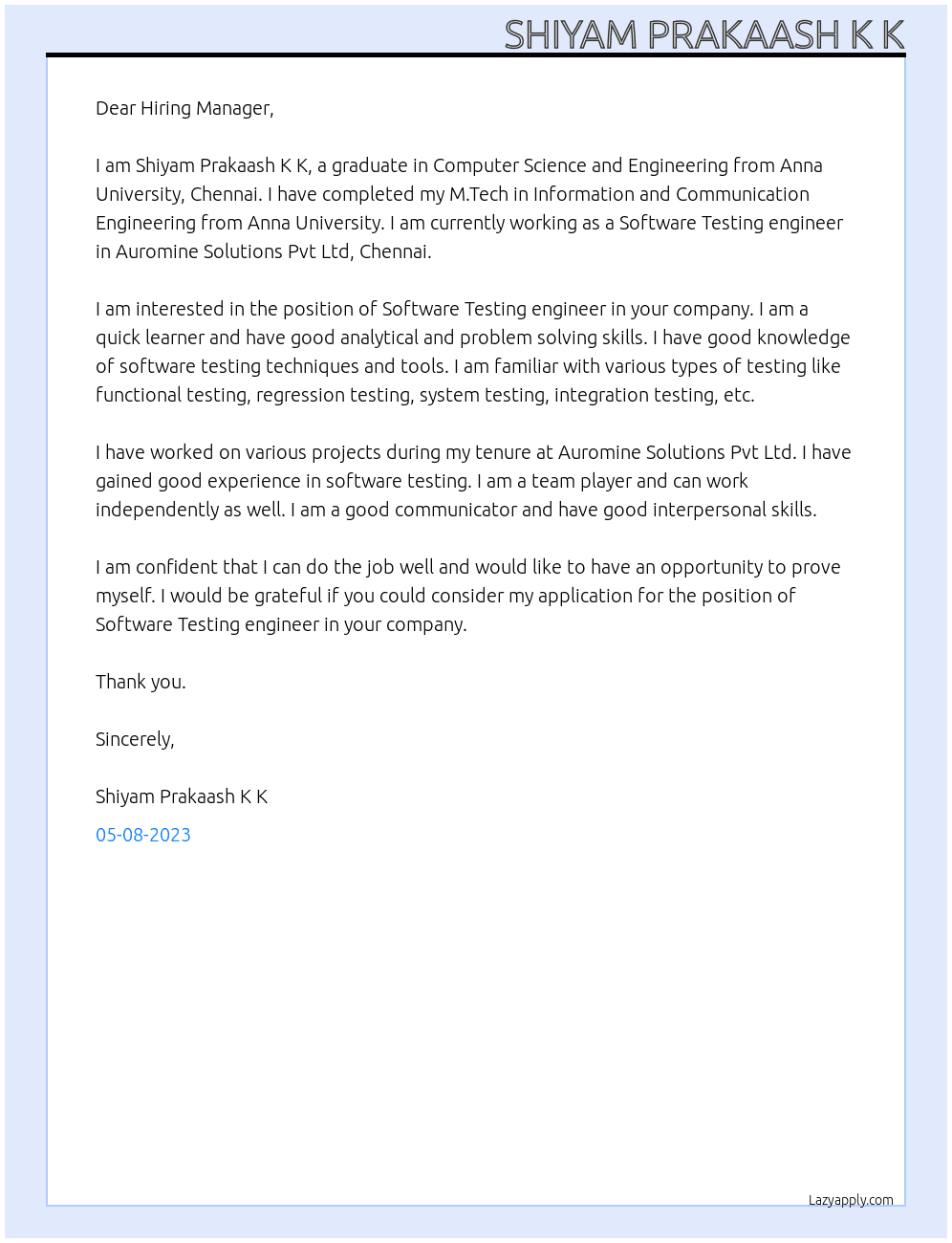 Software Testing engineer At Auromine Solutions Pvt Ltd Cover Letter