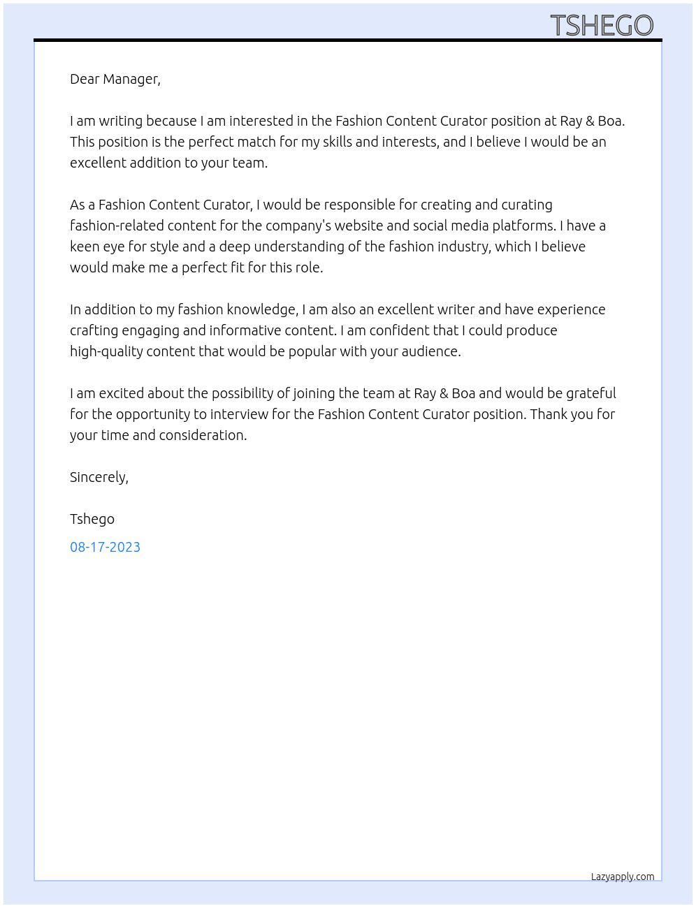 Fashion content curator  At Ray & Boa Cover Letter