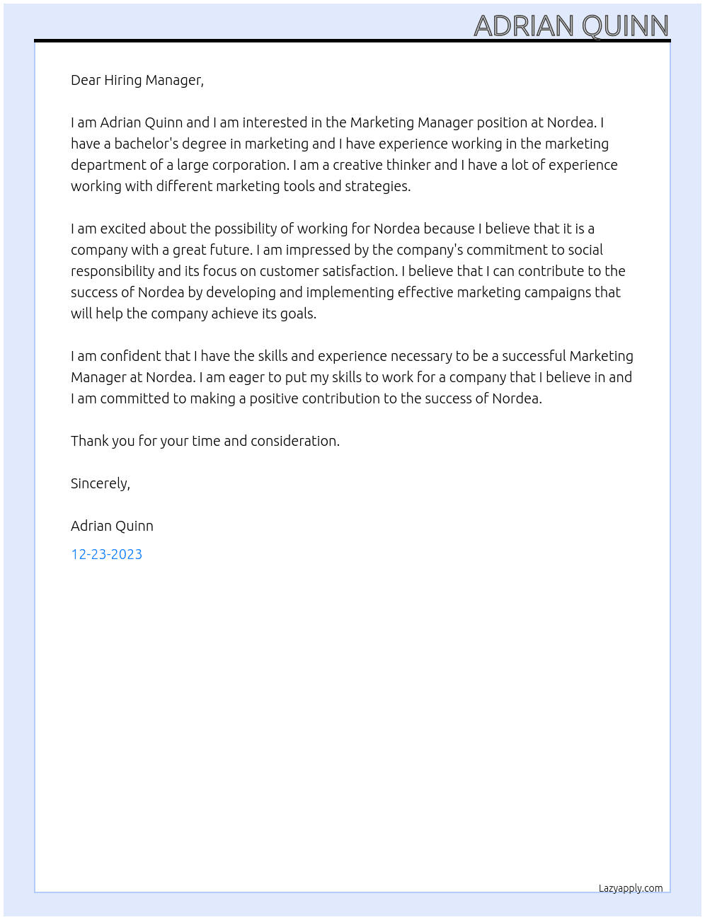 Marketing Manager At Nordea Cover Letter