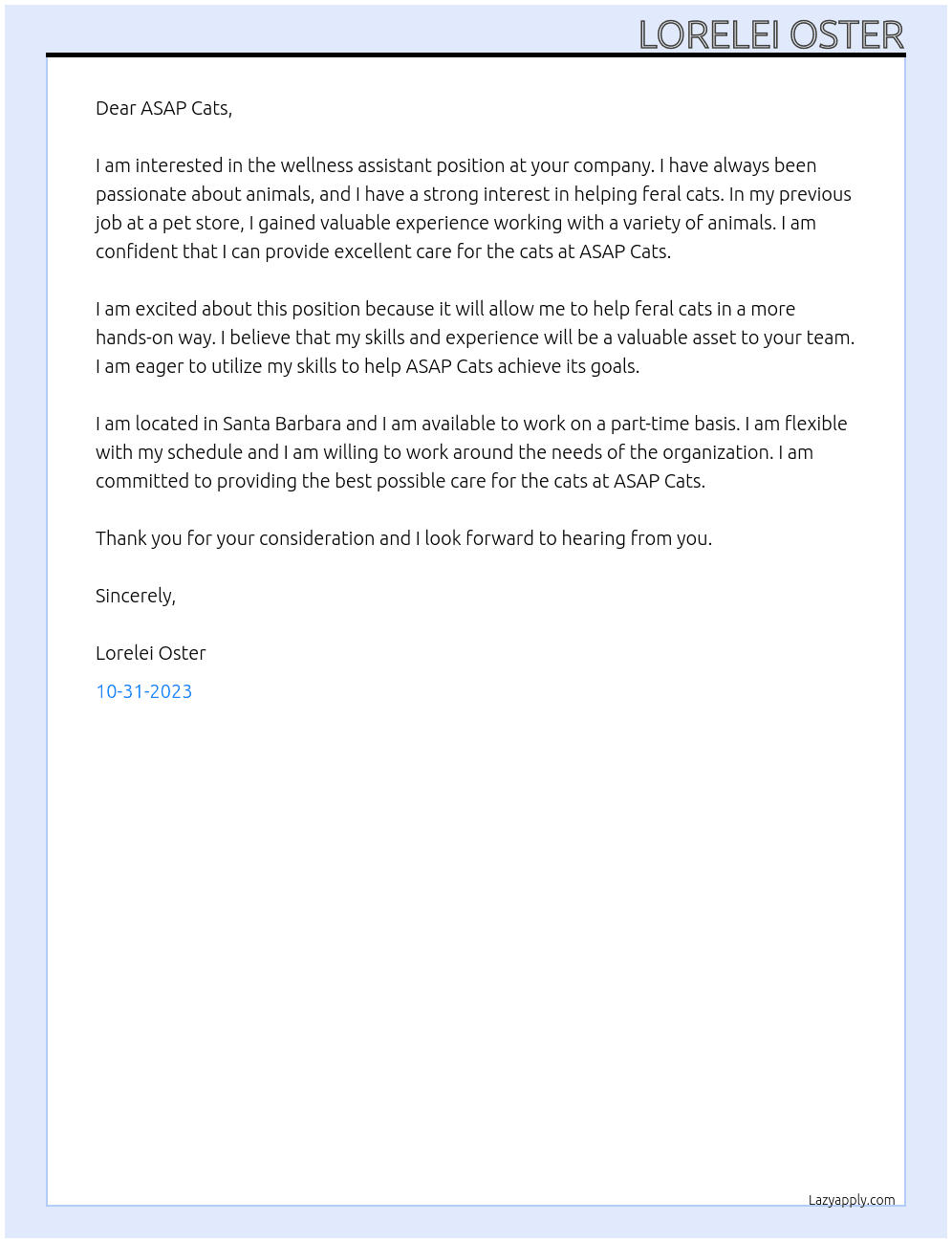 Wellness Assistant At ASAP Cats Cover Letter