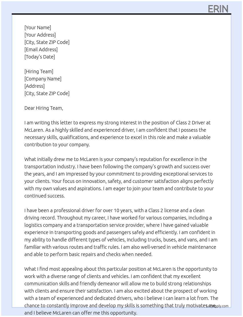 Class 2 driver  At McLaren  Cover Letter