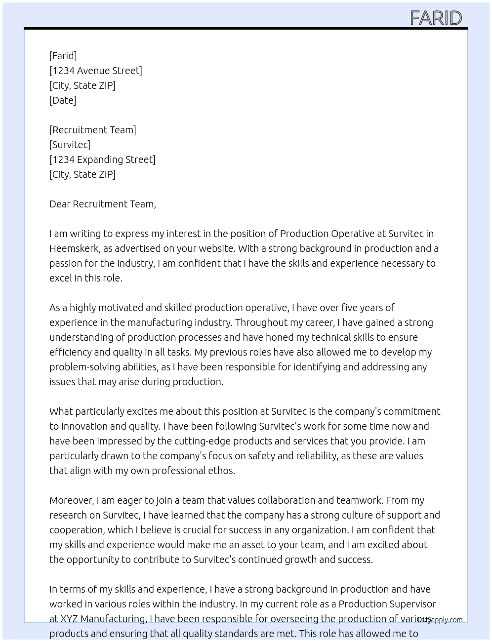 Production Operative At Survitec Cover Letter