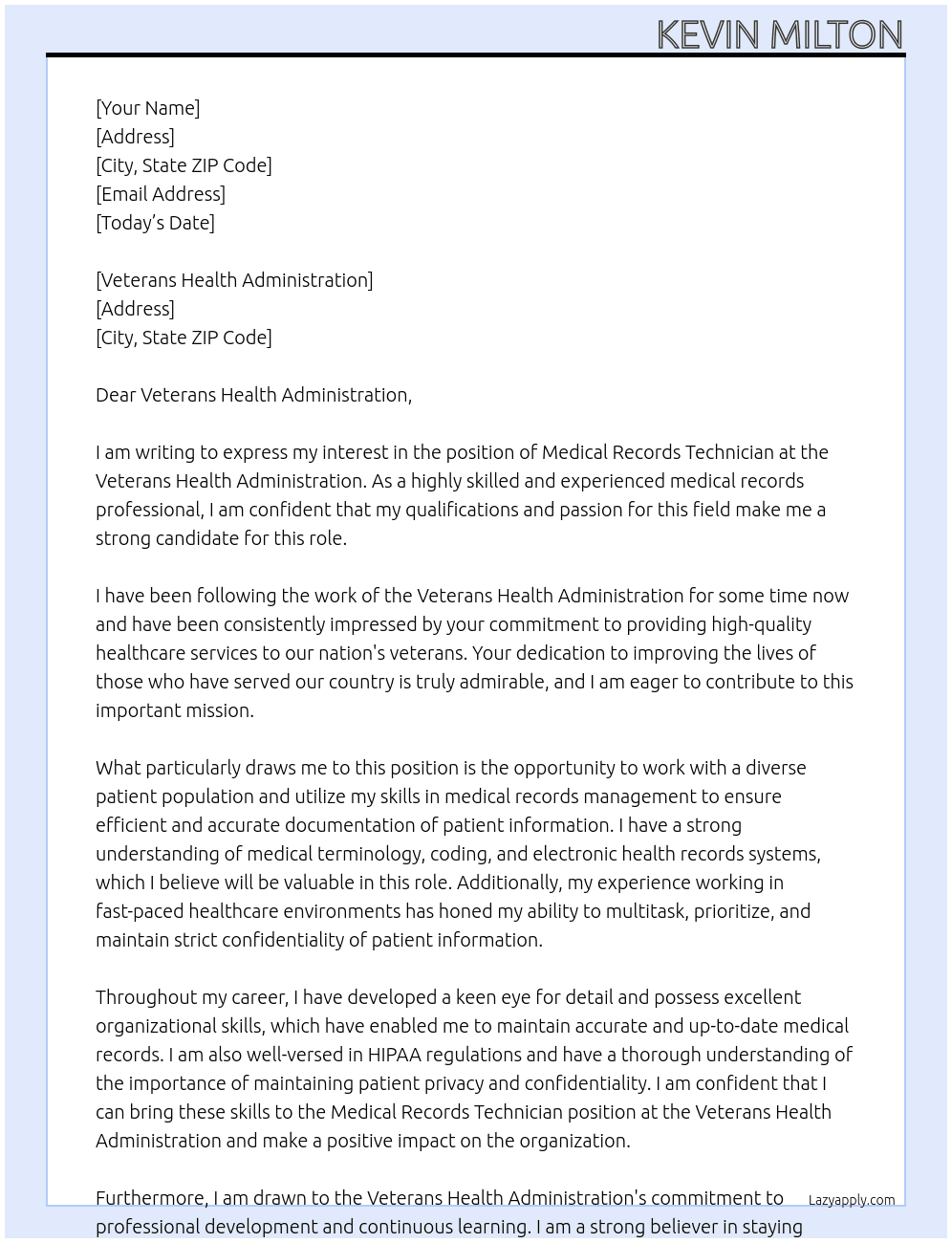 Medical Records Technician At Veterans Health Administration Cover Letter