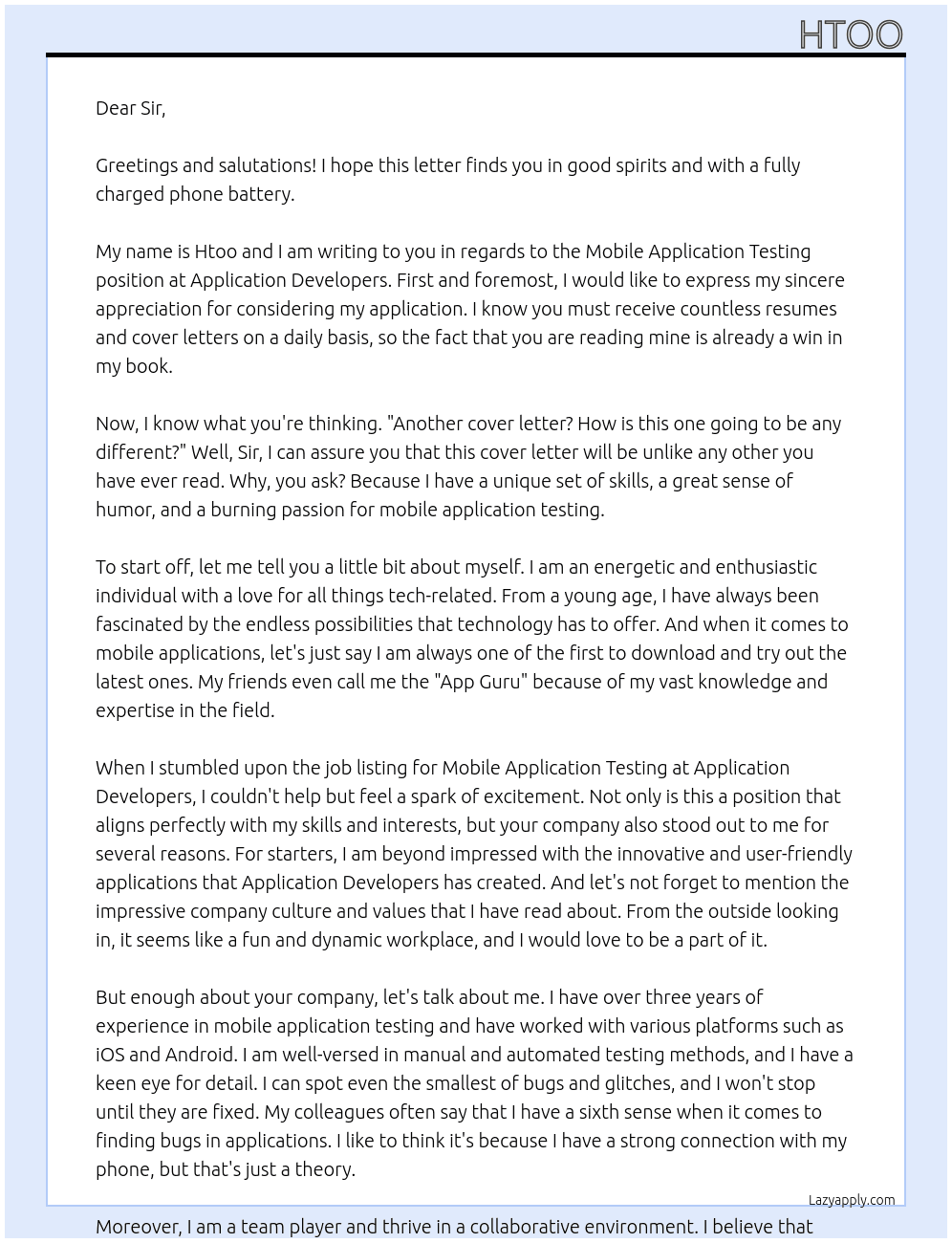 Mobile application testing  At Application developers  Cover Letter