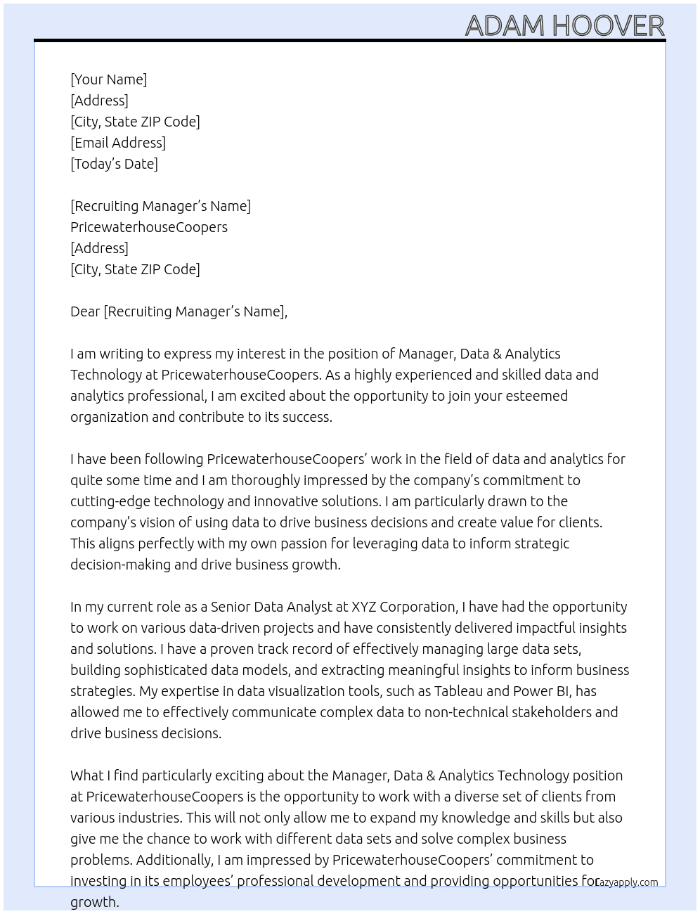 Manager, Data & Analytics Technology At PricewaterhouseCoopers Cover Letter