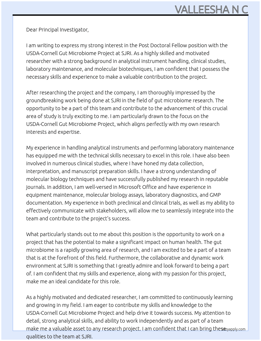 Post Doctoral Fellow- USDA-Cornell Gut Microbiome Project At USDA-Cornell Gut Microbiome Project  SJRI Cover Letter