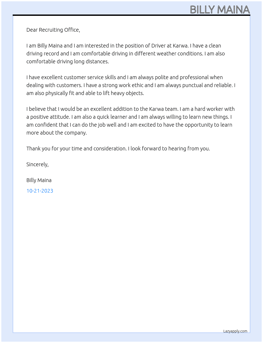 Driver At Karwa Cover Letter