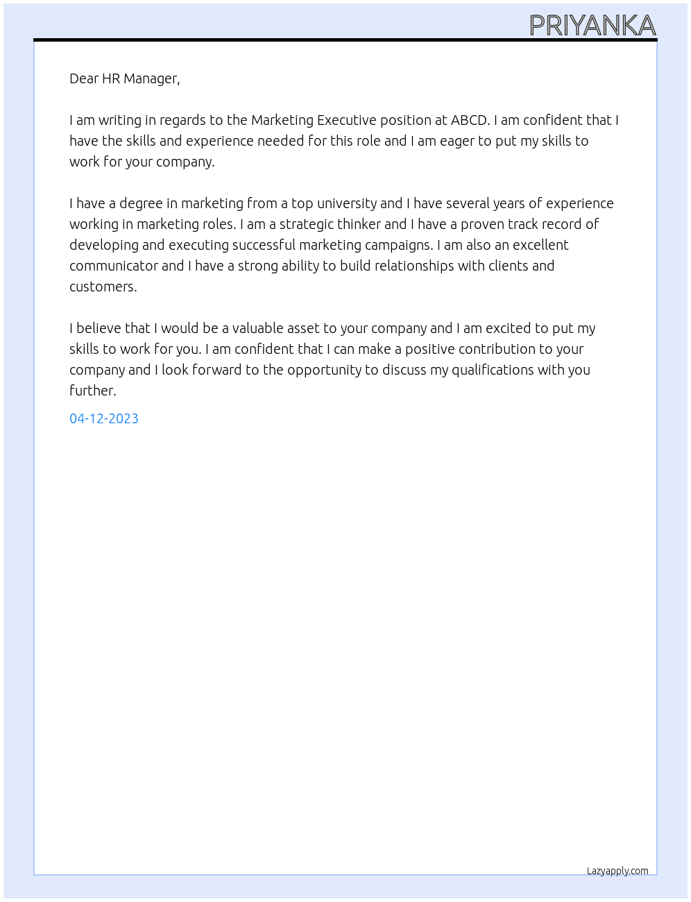 Marketing Executive At ABCD Cover Letter