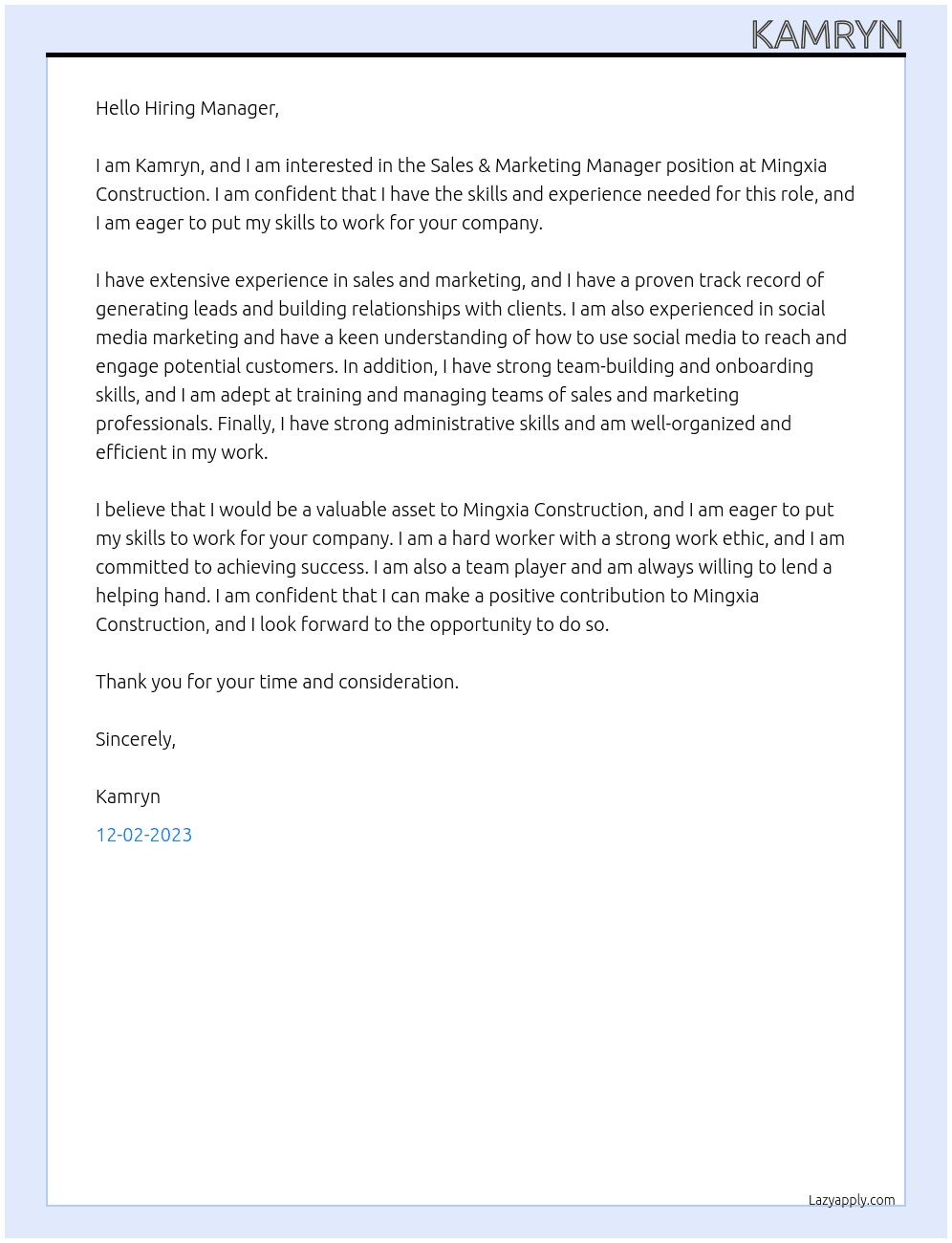 Sales & Marketing Manager At Mingxia Construction Cover Letter