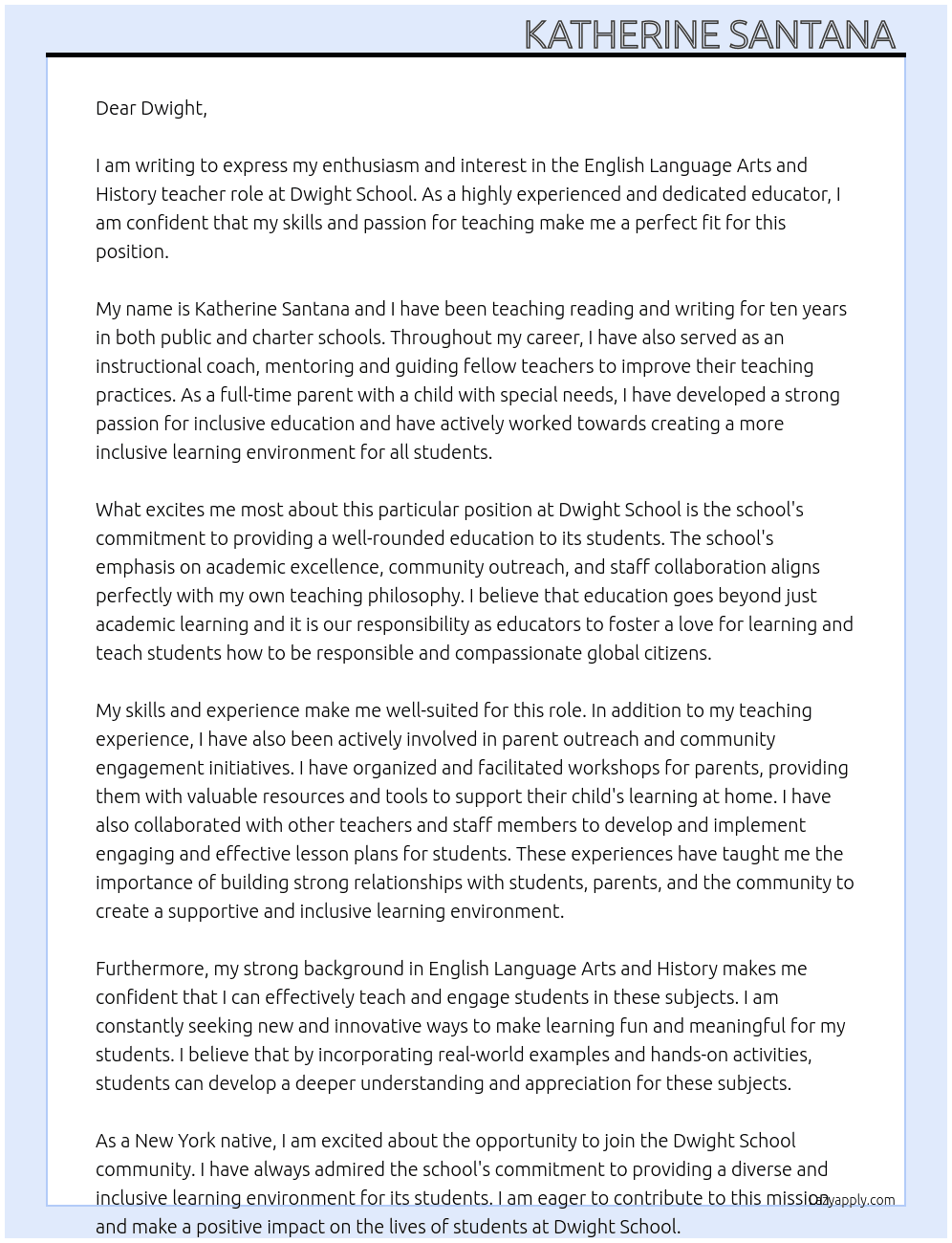 Teacher  At Dwight School Cover Letter