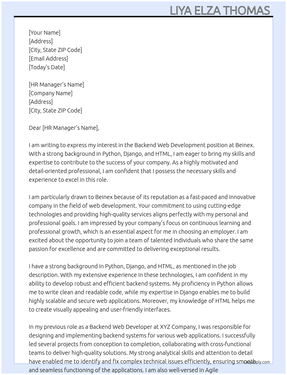 Backend Web development At Beinex Cover Letter