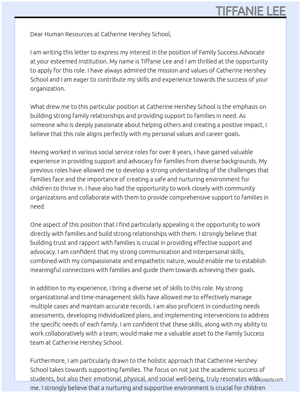 Family Success Advocate At Catherine Hershey School Cover Letter