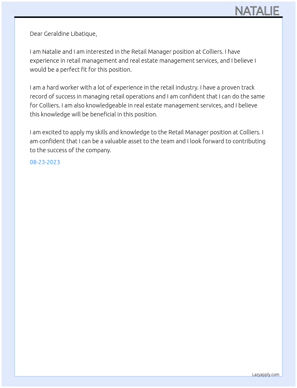 Retail Manager | Real Estate Management Services At Colliers Cover Letter