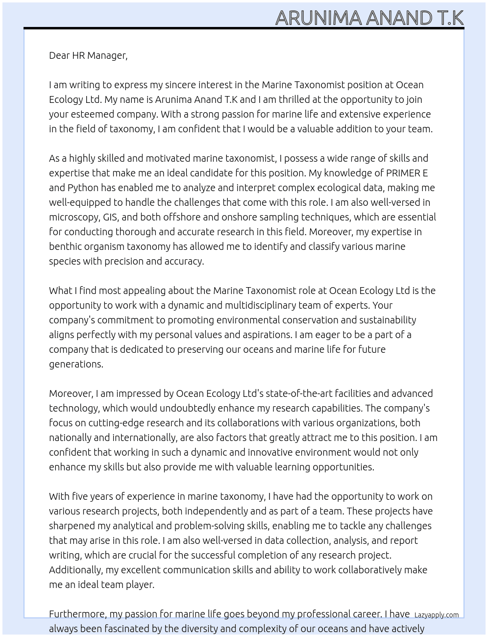 Cover letter for marine taxonomist - LazyApply