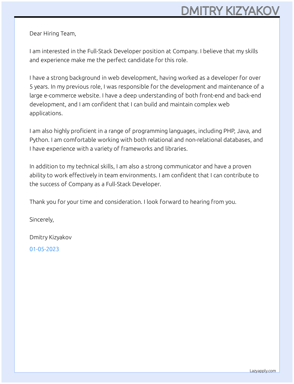 Full-Stack Developer At Company Cover Letter