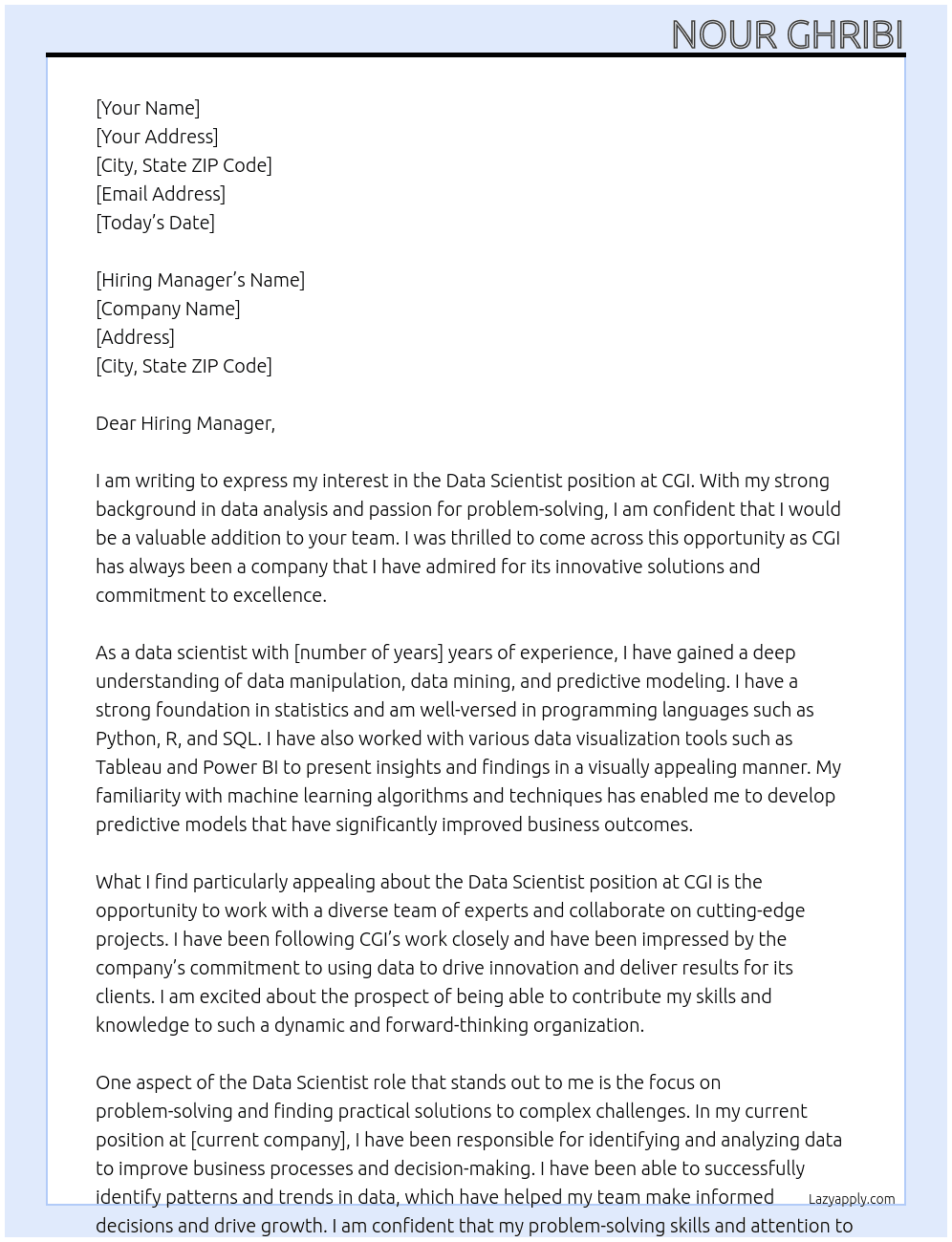 Data Scientist At CGI Cover Letter
