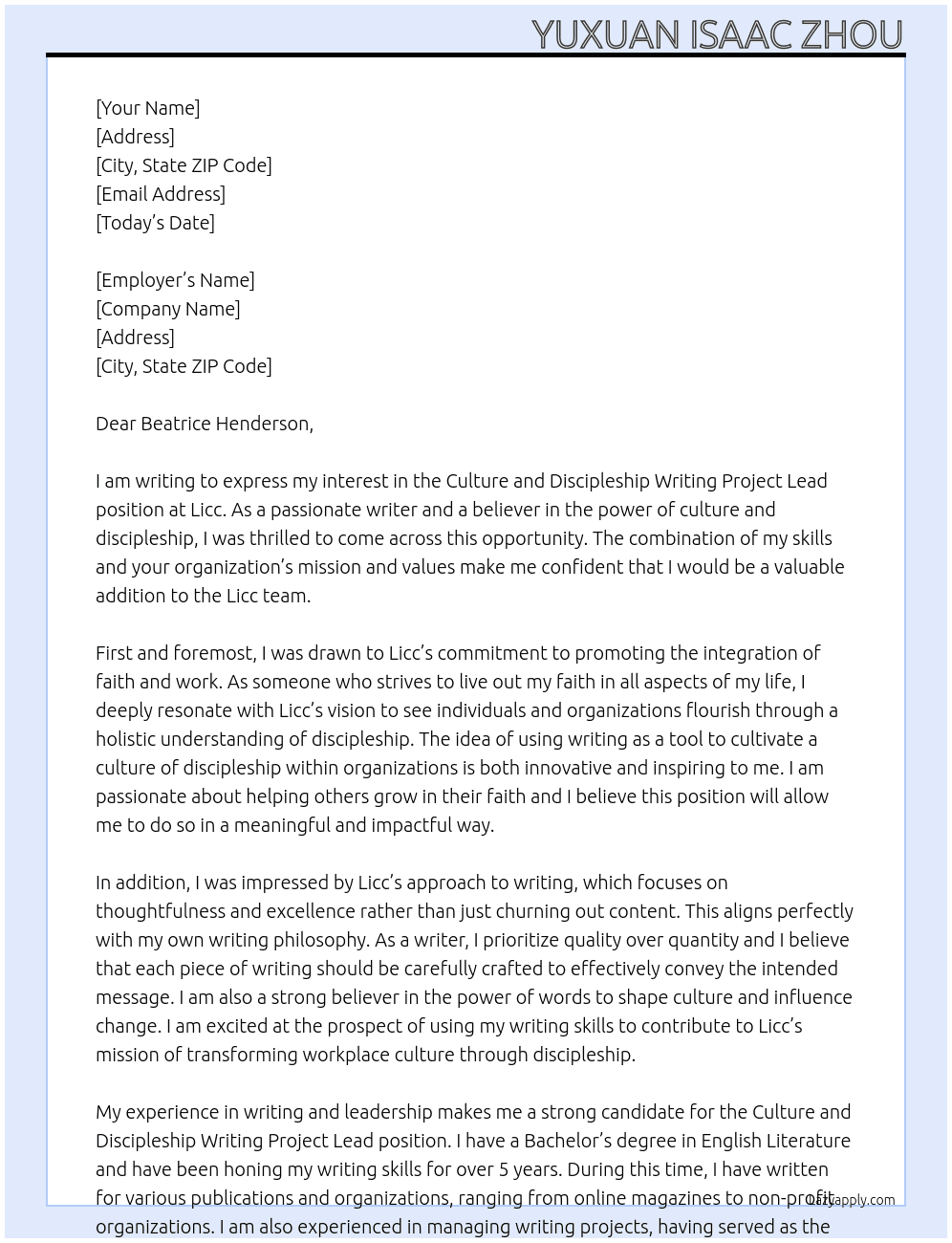 Culture and Discipleship Writing Project Lead At Licc Cover Letter