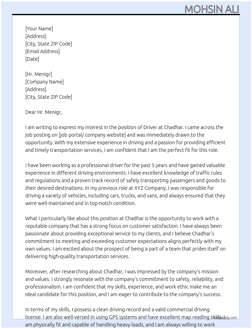 Driver At Chadhar Cover Letter