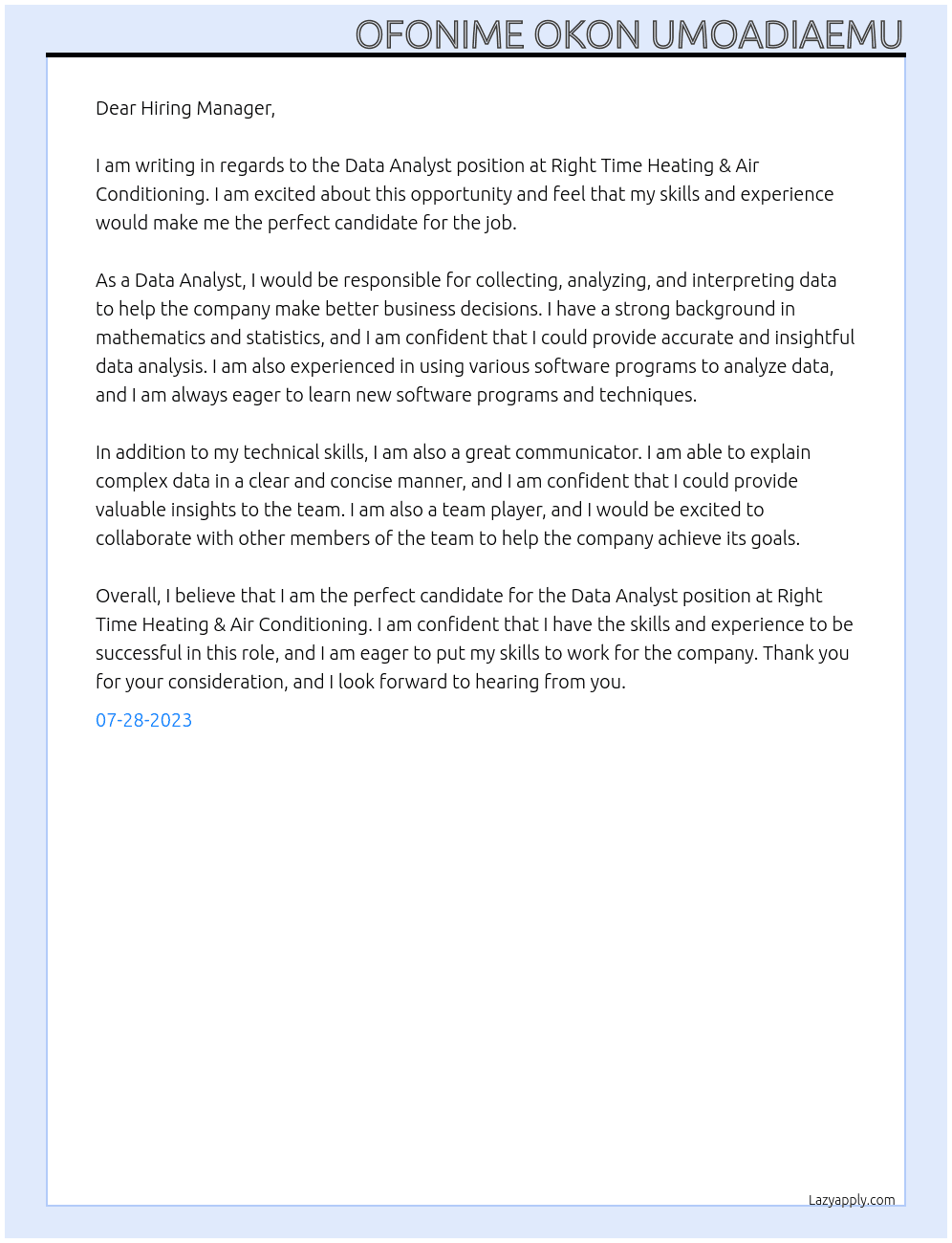 Data Analyst At Right Time Heating & Air Conditioning Cover Letter