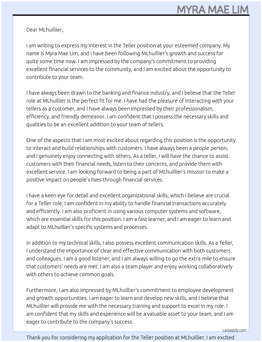 Teller At MLhuillier Cover Letter