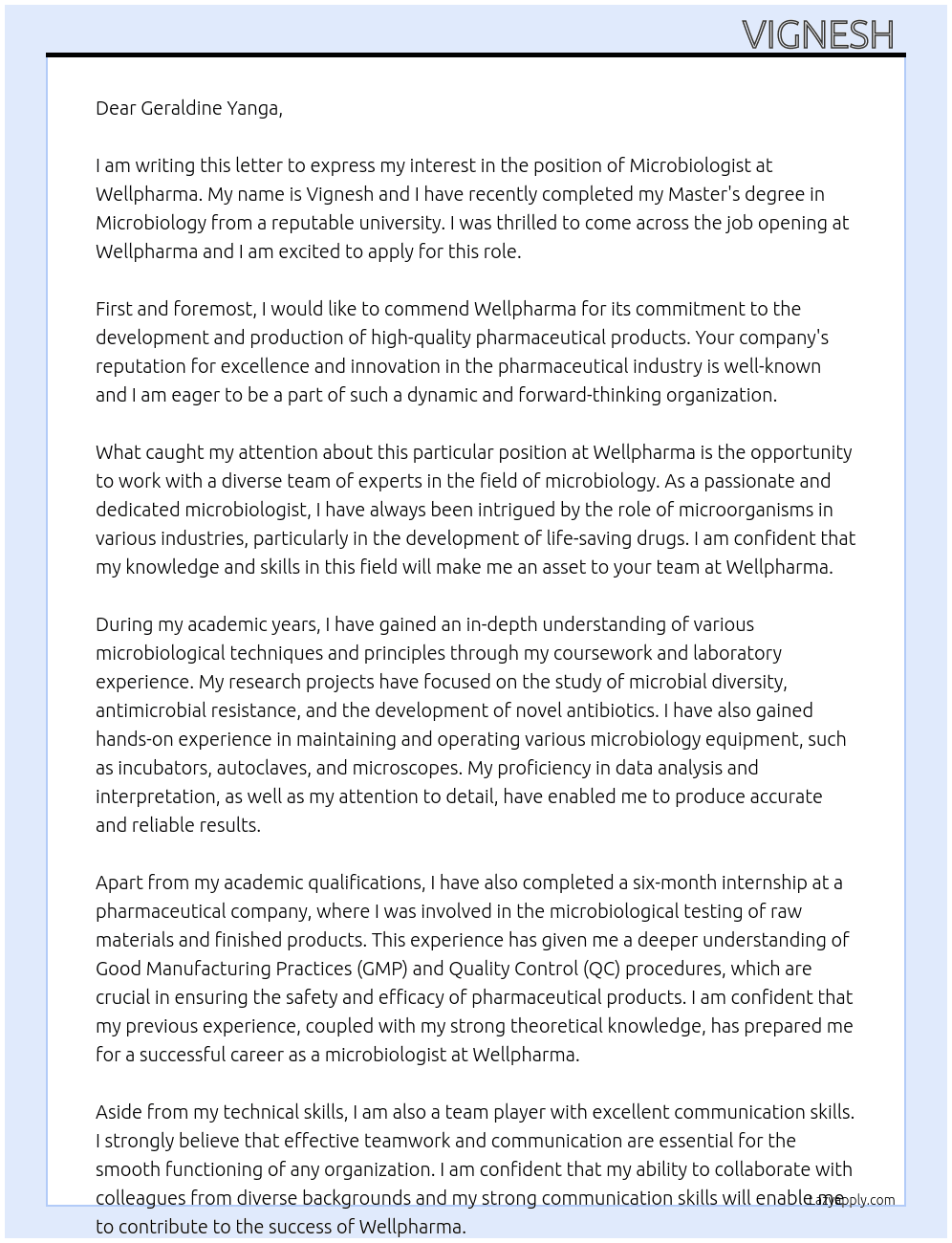 Microbiologist  At Wellpharma Cover Letter