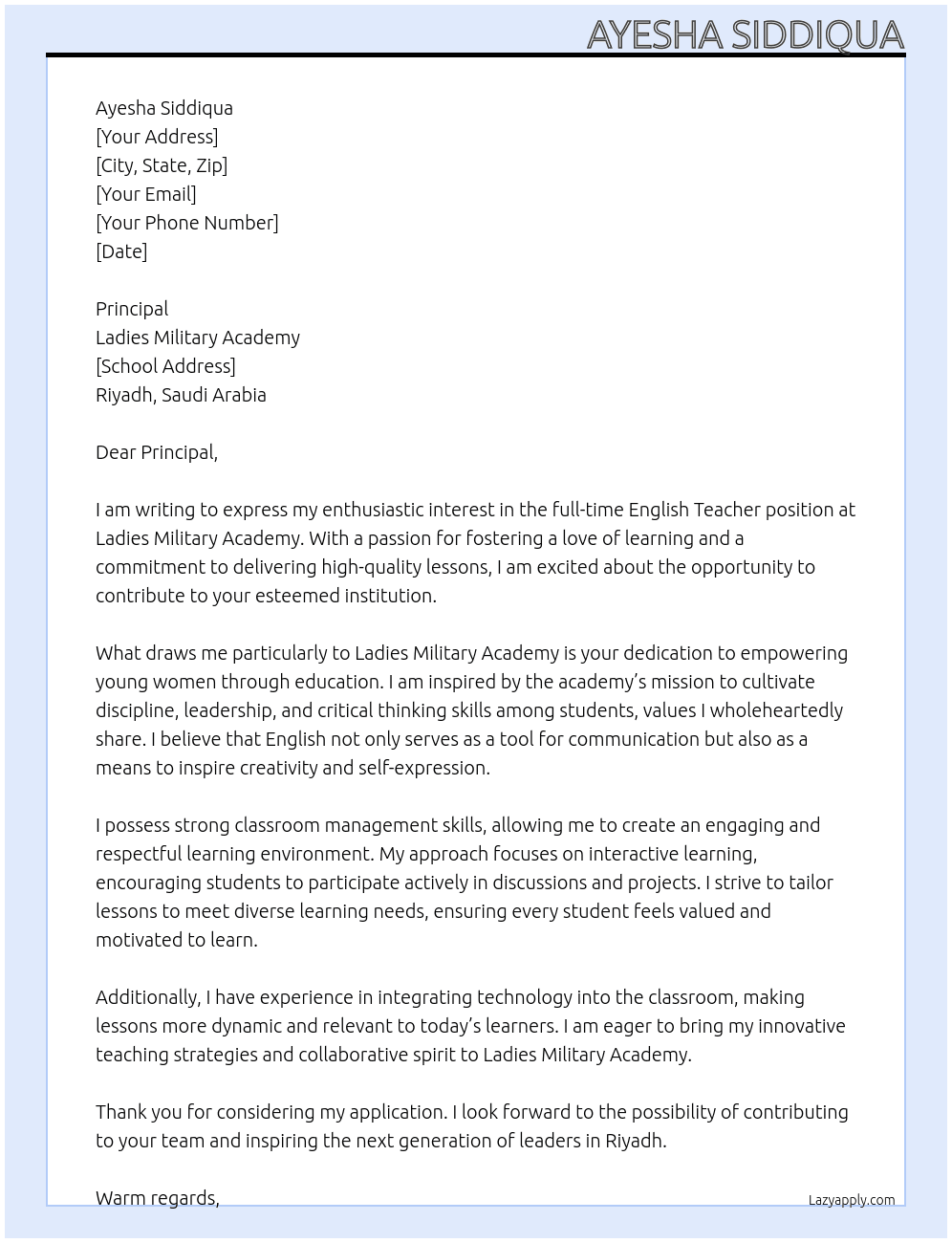 english teacher At ladies military academy Cover Letter