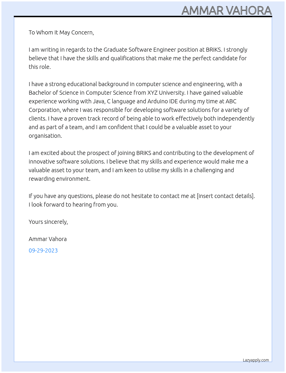 Graduate Software Engineer At BRiKS Cover Letter