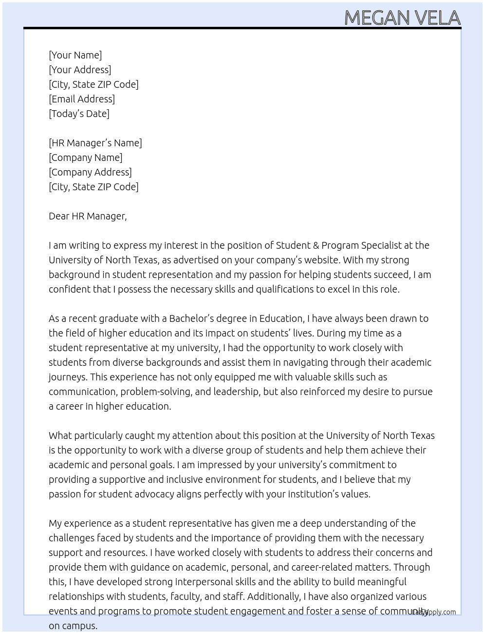 Student & Program Specialist At university of North Texas Cover Letter