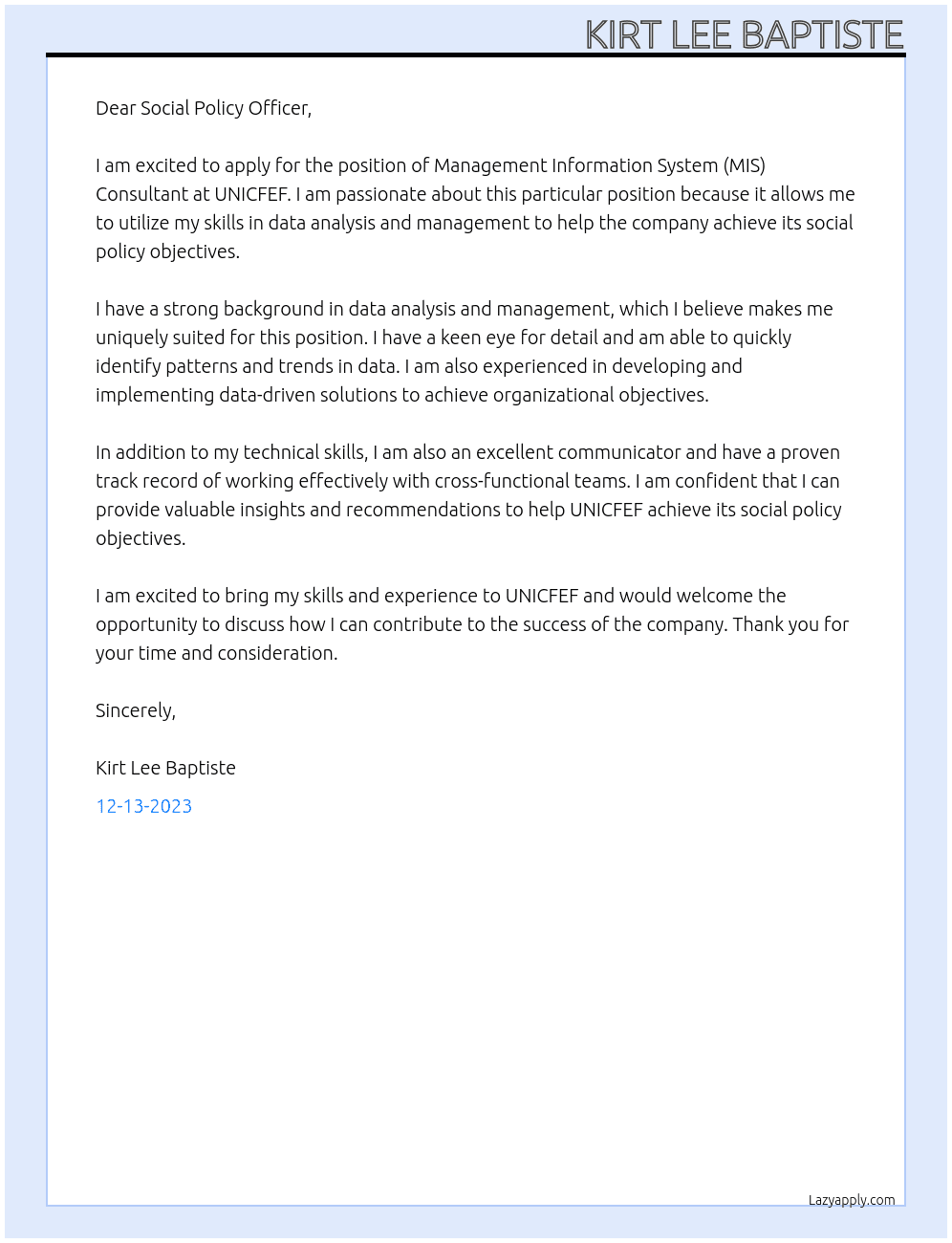 Management Information System (MIS) Consultant At UNICFEF Cover Letter