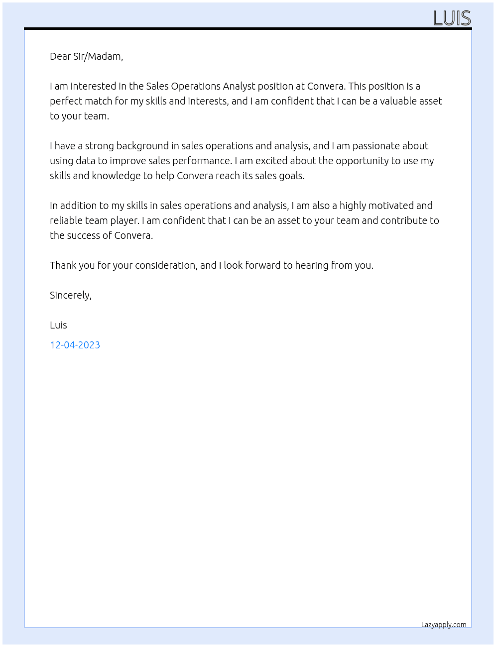  Sales Operations Analyst At Convera Cover Letter