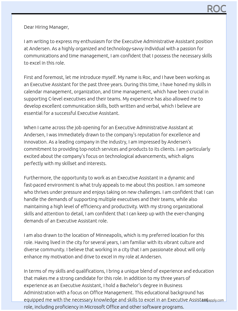 Executive Administrative Assistant  At Andersen  Cover Letter