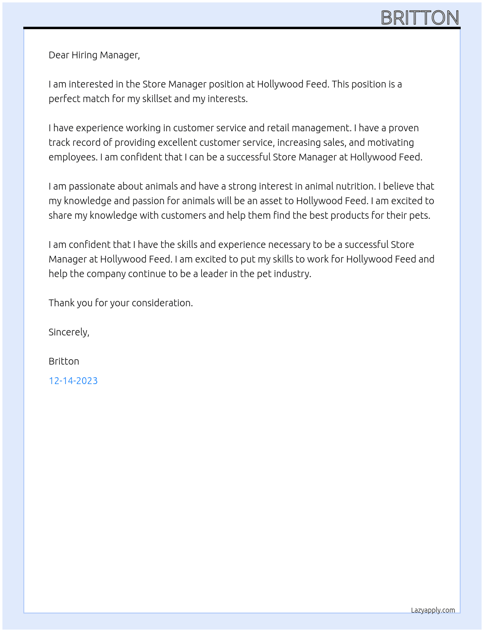 Store Manager At Hollywood feed Cover Letter