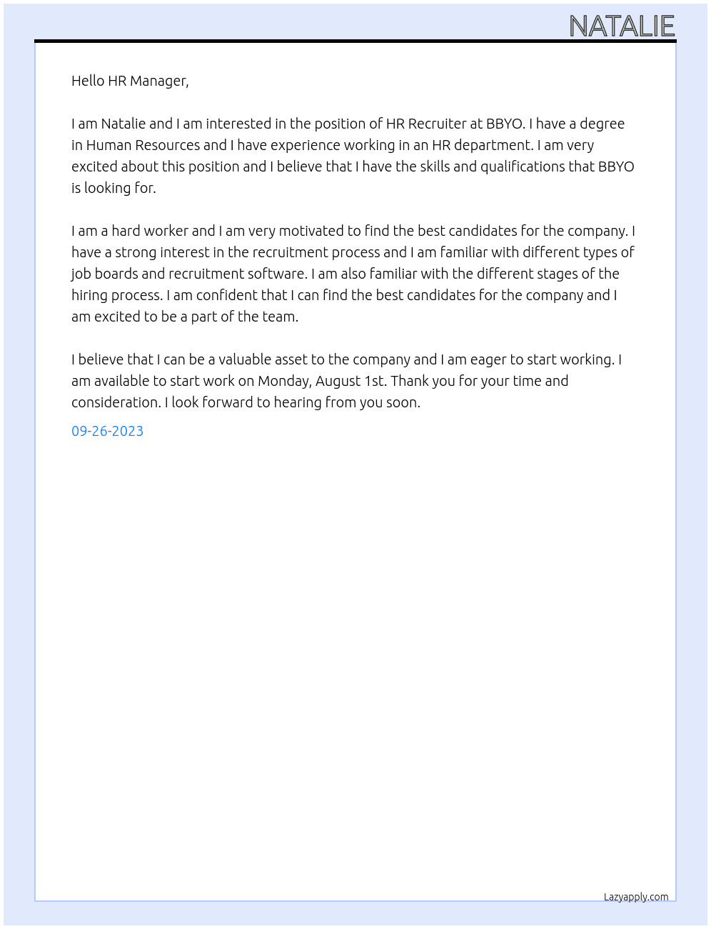 HR Recruiter At BBYO Cover Letter