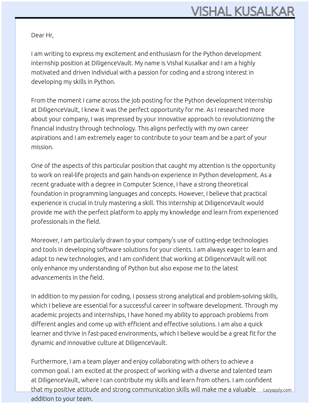 Python development internship  At DiligenceVault Cover Letter