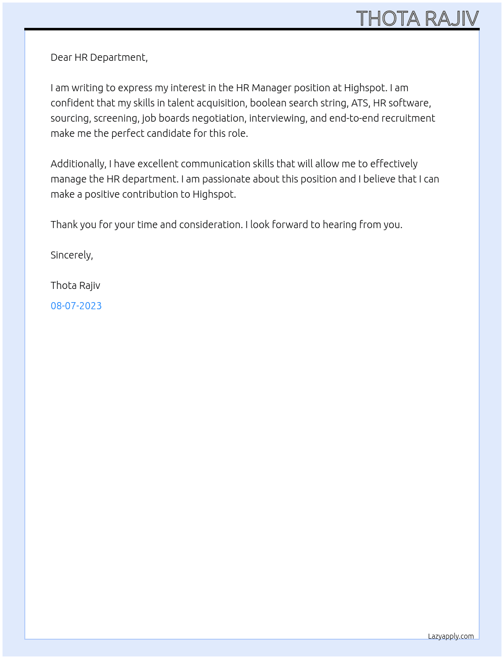 HR Manager At Highspot Cover Letter