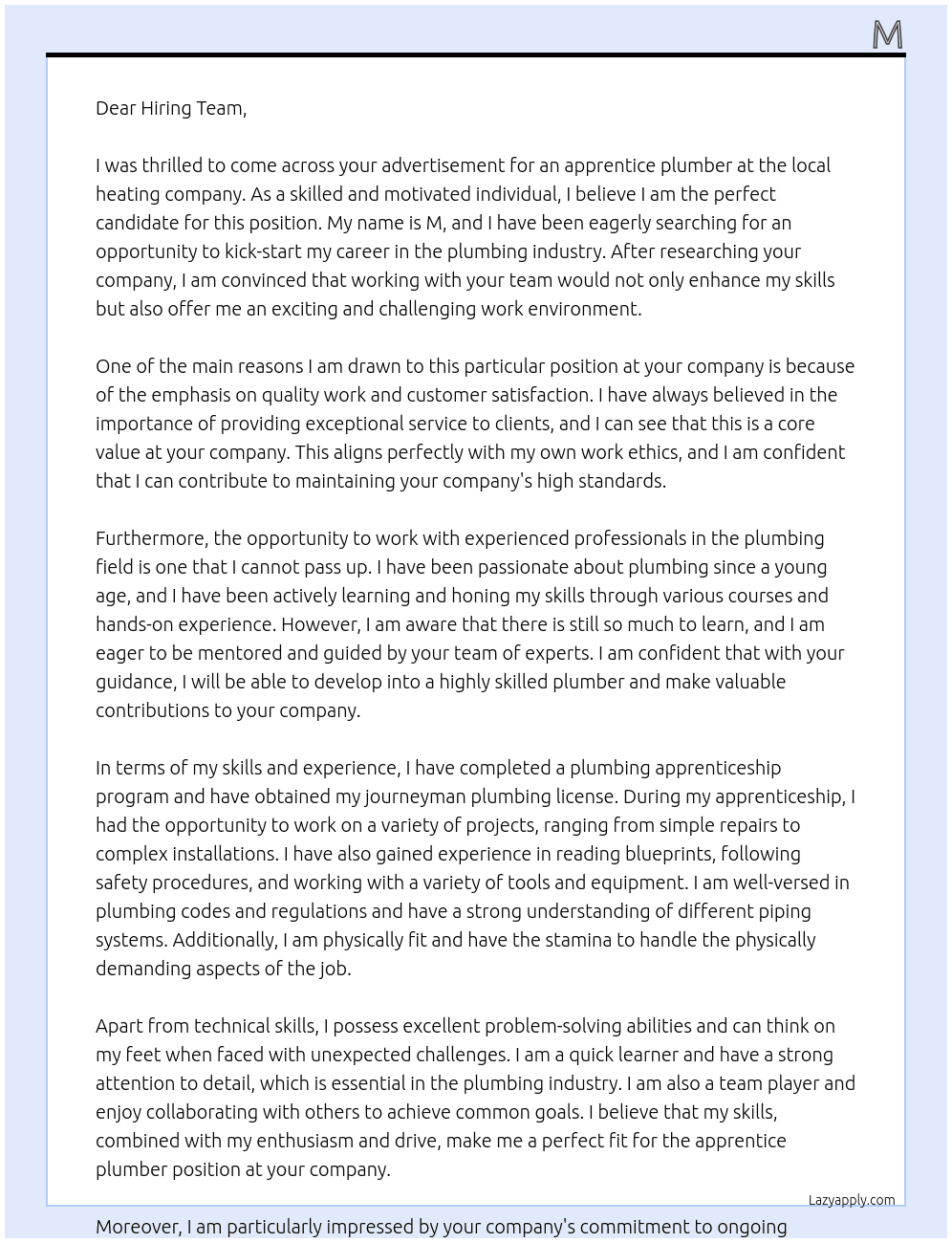 apprentice plumber At local heating company Cover Letter