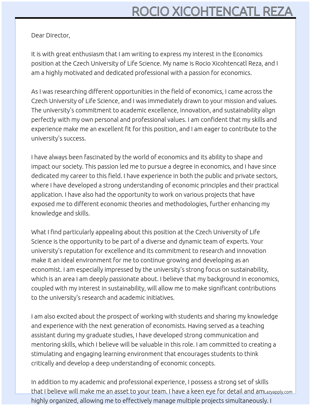 Economics At Czech University of Life Science Cover Letter