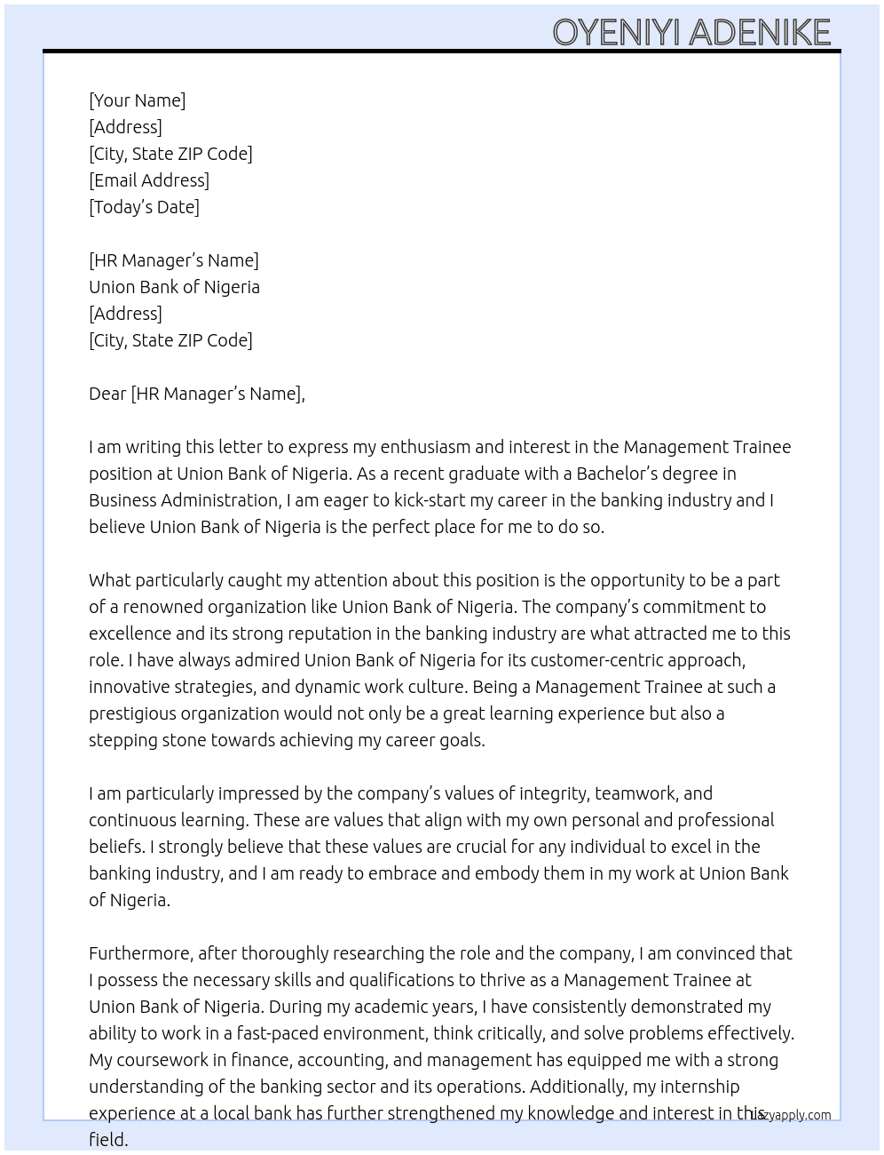 Management trainee At Union bank of Nigeria  Cover Letter