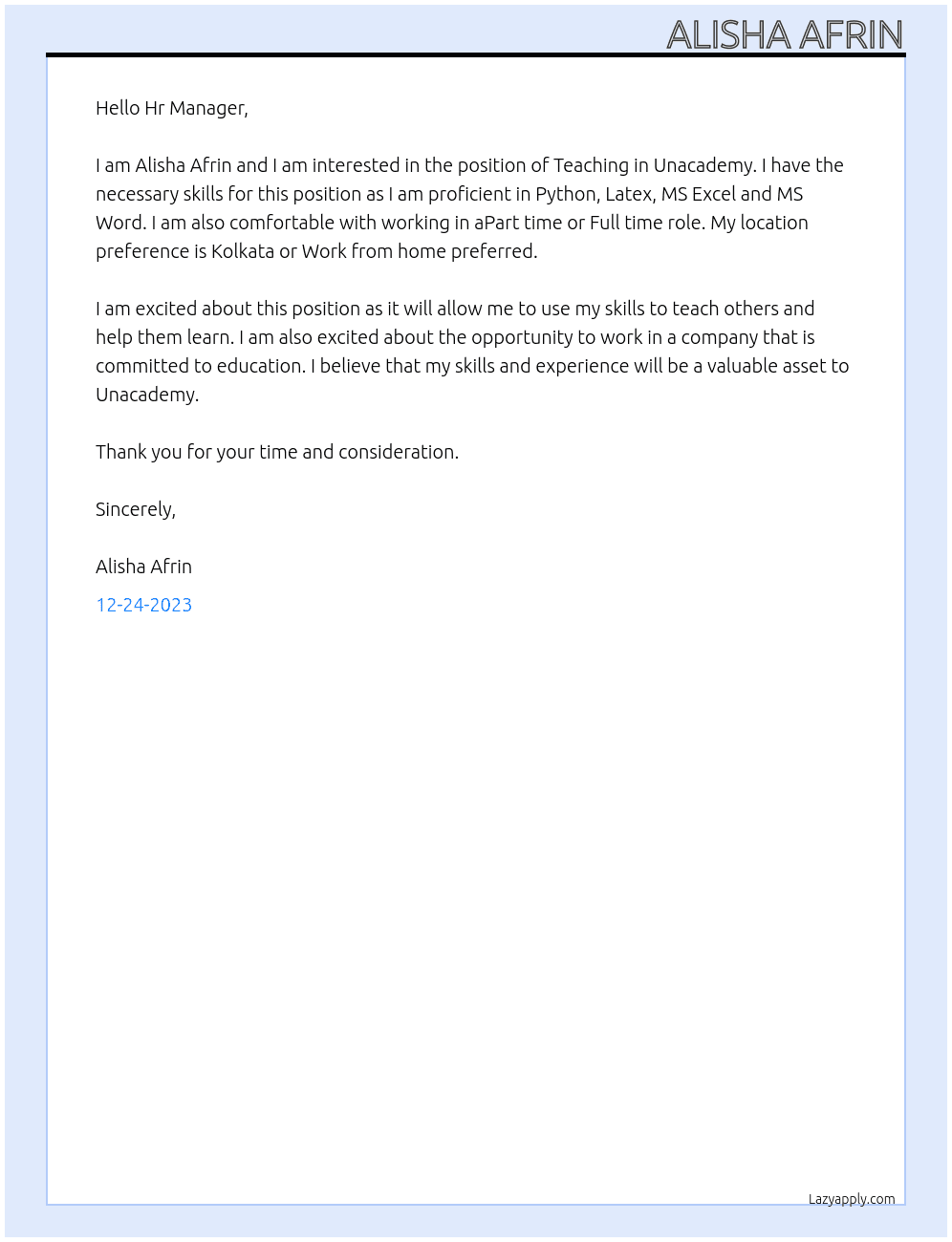 Teaching At Unacademy Cover Letter