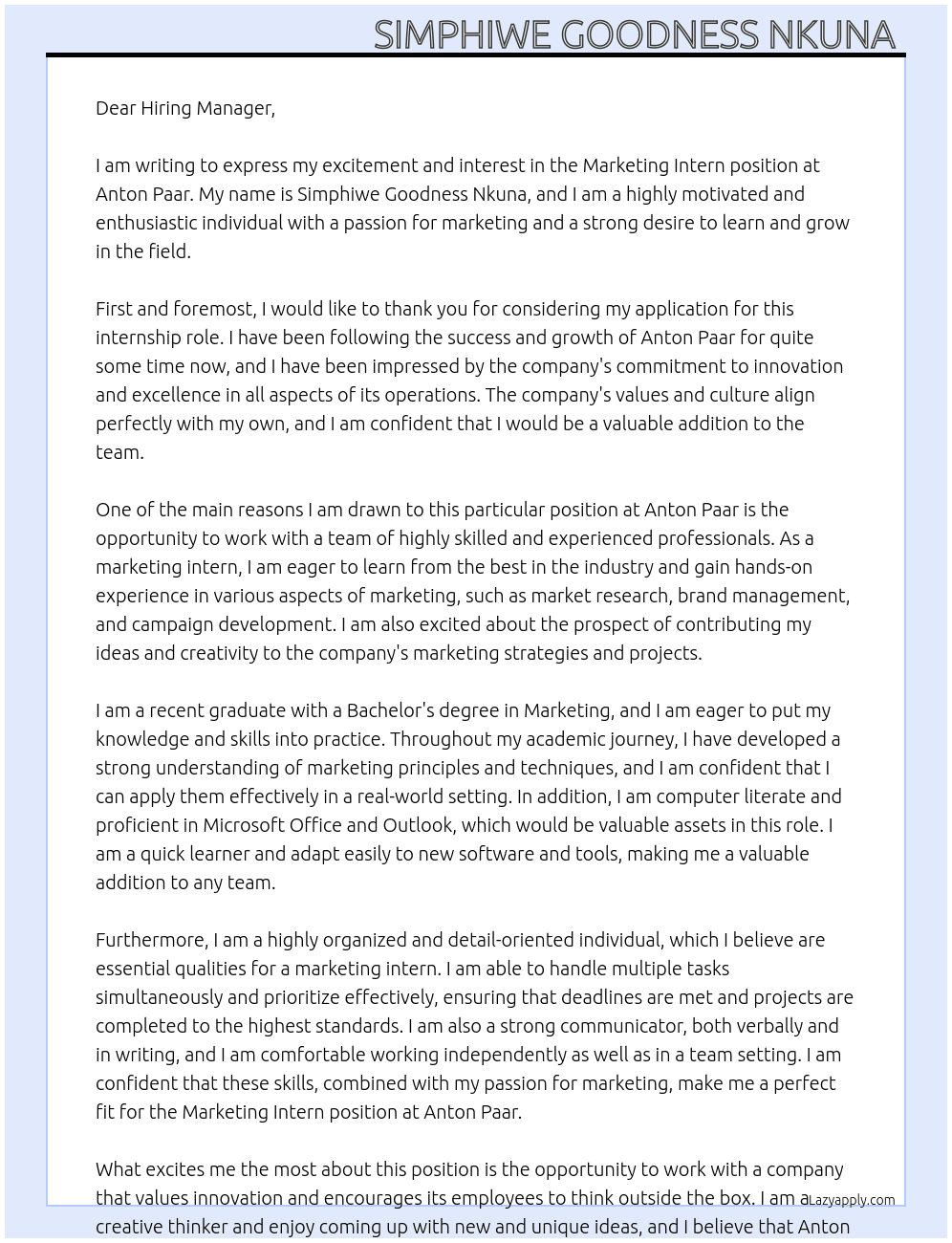 Marketing intern  At Anton Paar Cover Letter