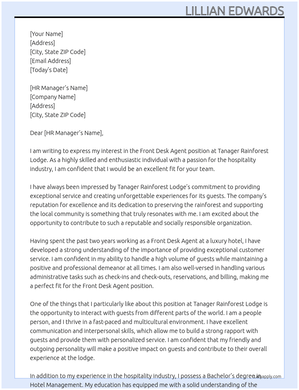 Front desk agent At Tanager Rainforest Lodge Cover Letter