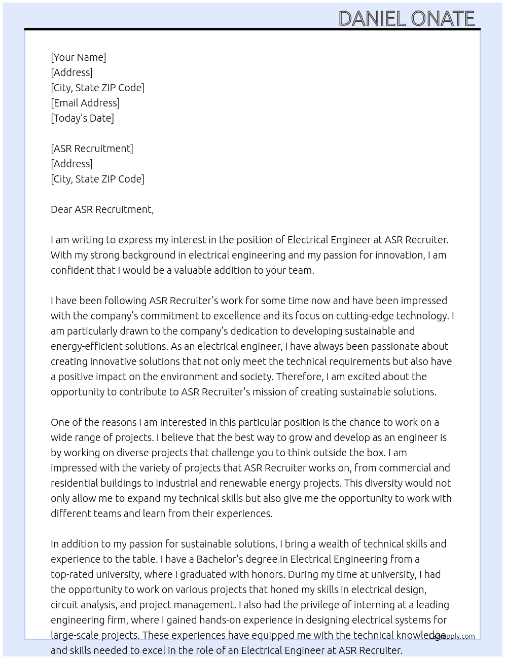 Electrical Engineer  At ASR RECRUITER Cover Letter