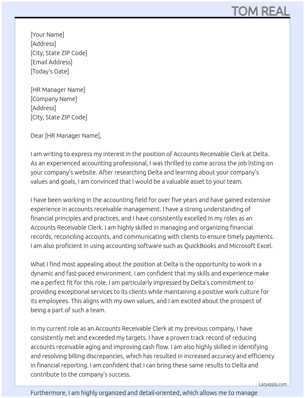 ACCOUNTS RECEIVABLE CLERKS At delta Cover Letter