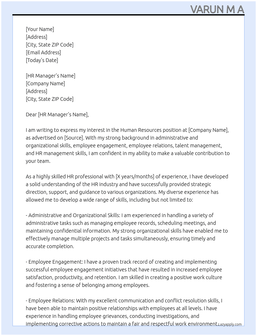 Human Resources At . Cover Letter